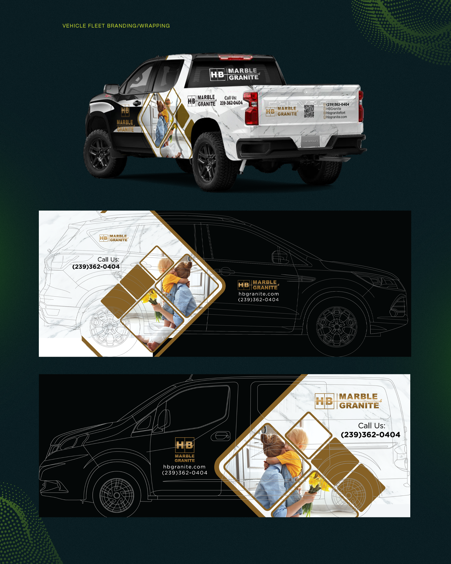 HB fleet branding design presentation showing a pickup truck mockup and two van wrap artwork layouts