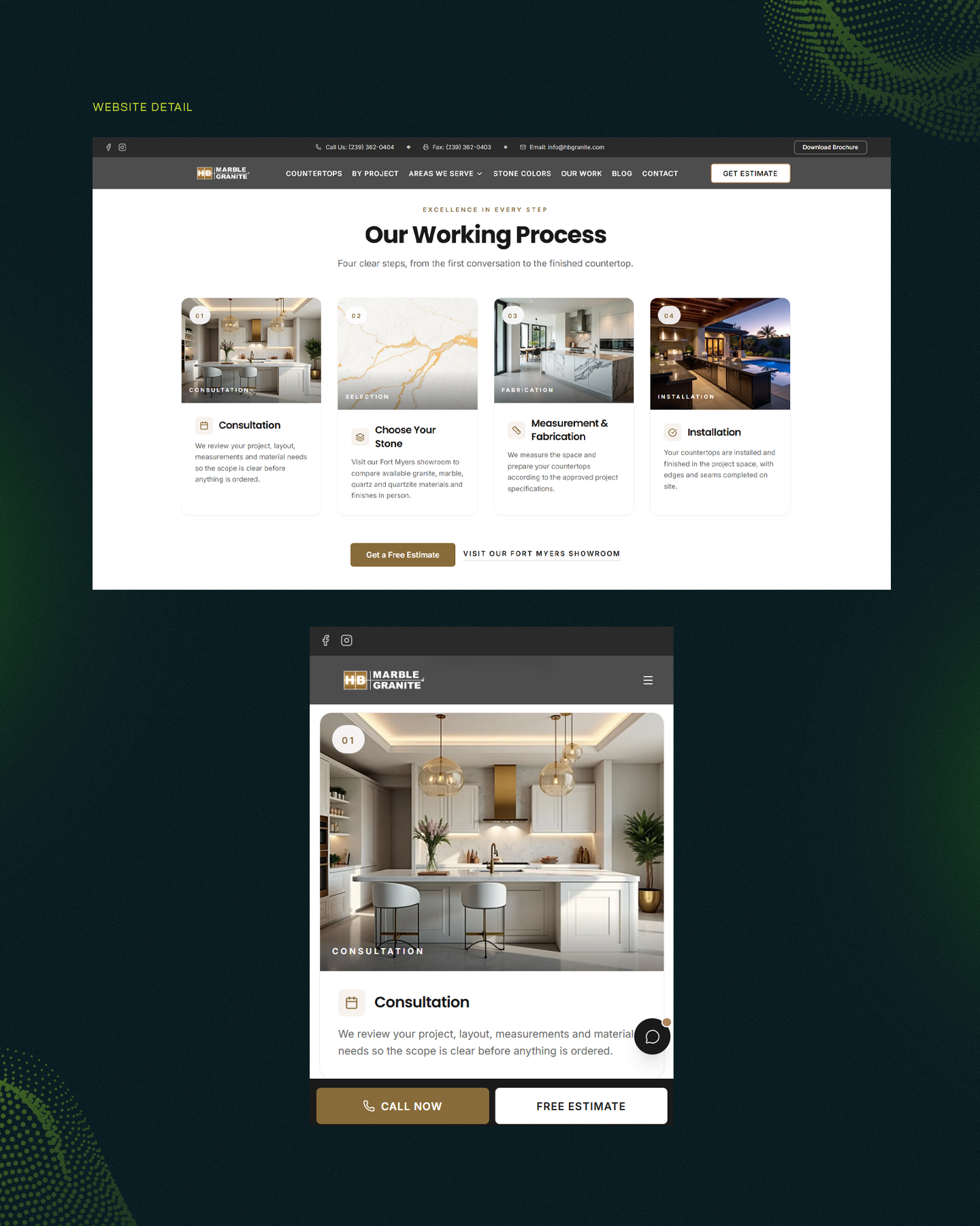 HB website working-process desktop view and mobile consultation view