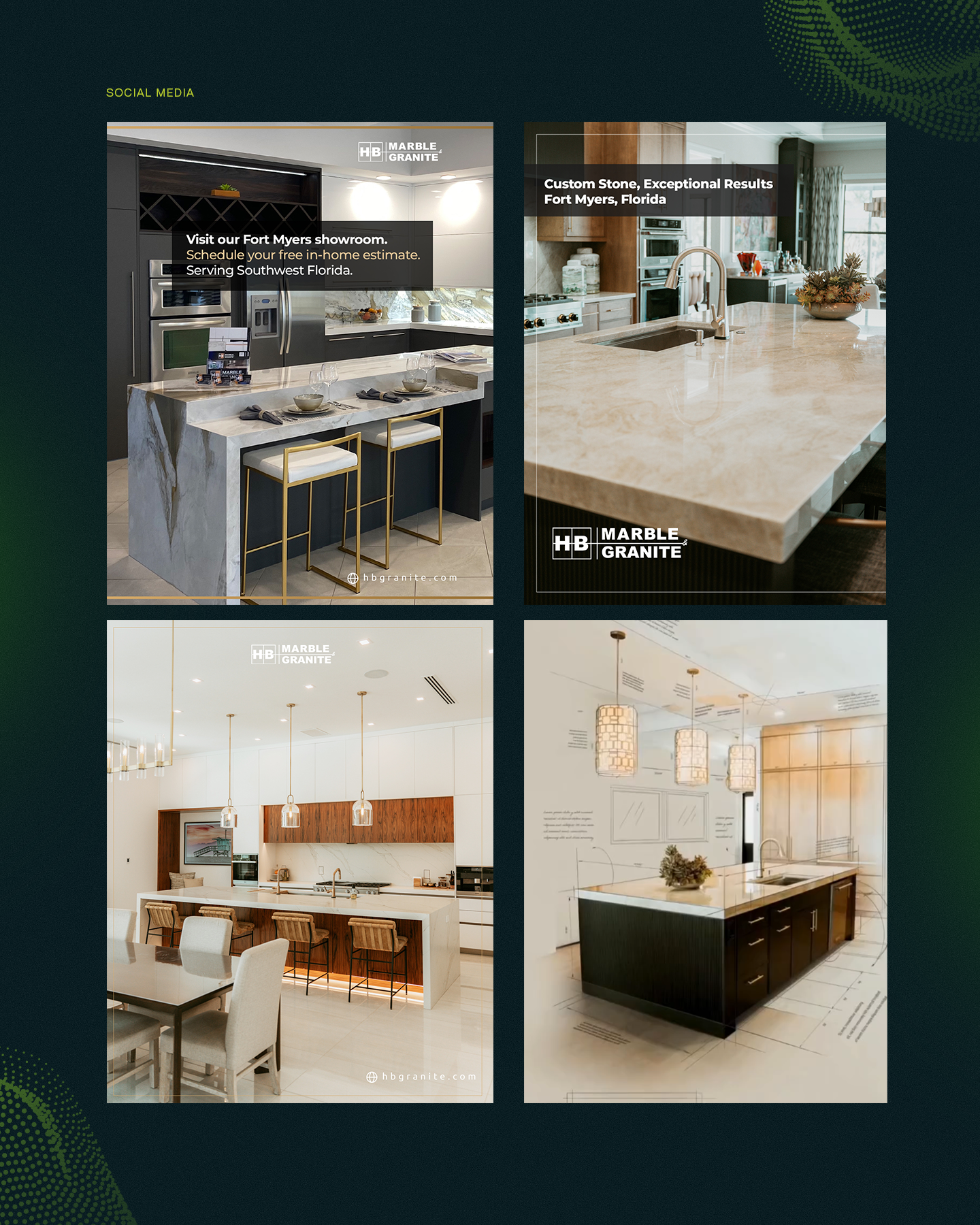 Four HB social media creative layouts featuring showroom, countertop and kitchen photography