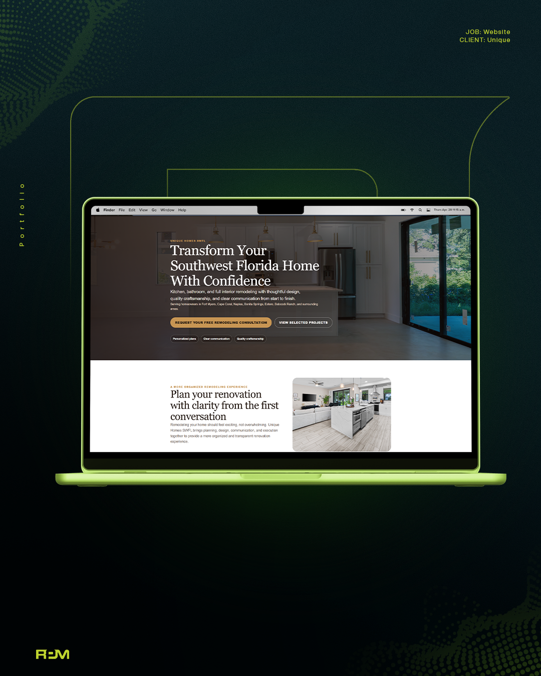 Unique Homes remodeling landing page on a laptop, headed Transform Your Southwest Florida Home With Confidence