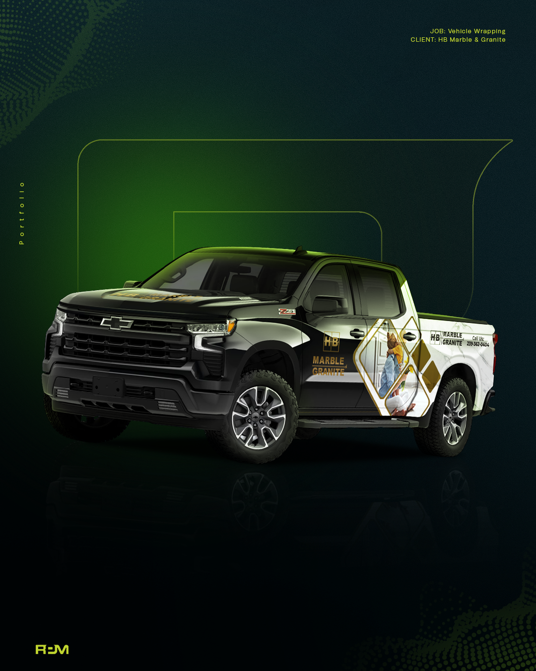 HB Marble & Granite vehicle wrap design shown on a black pickup truck mockup