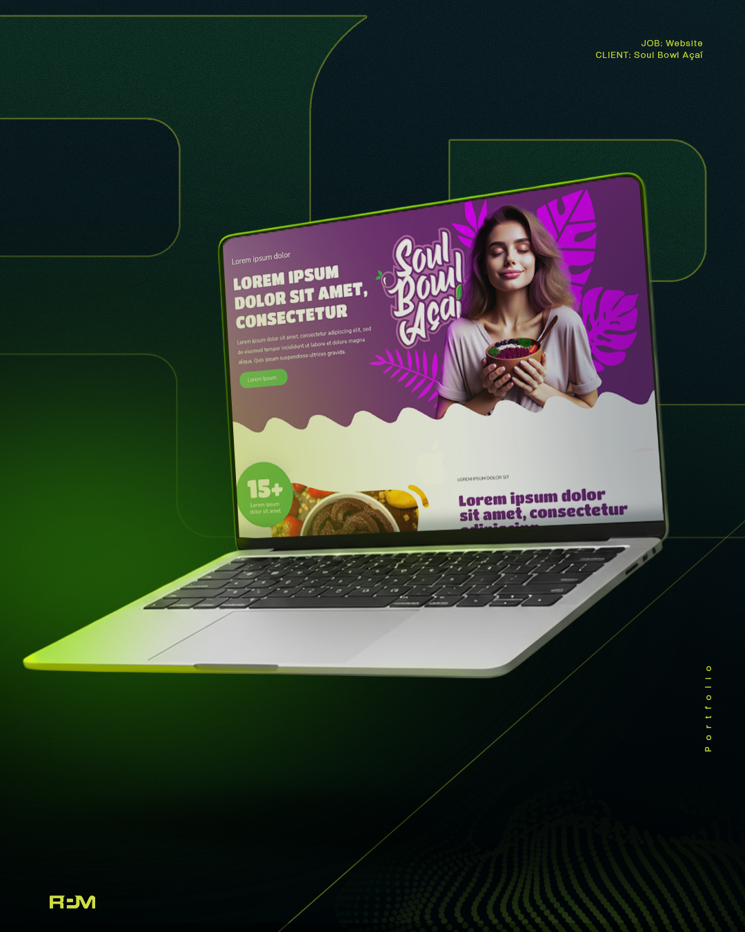 Soul Bowl Açaí website design presentation on a laptop with placeholder copy