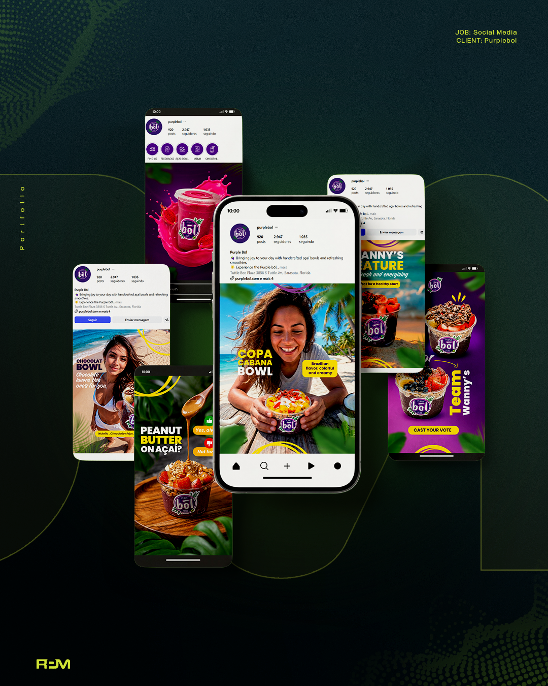 Purple Bol açaí social media posts and Instagram profile on phone mockups