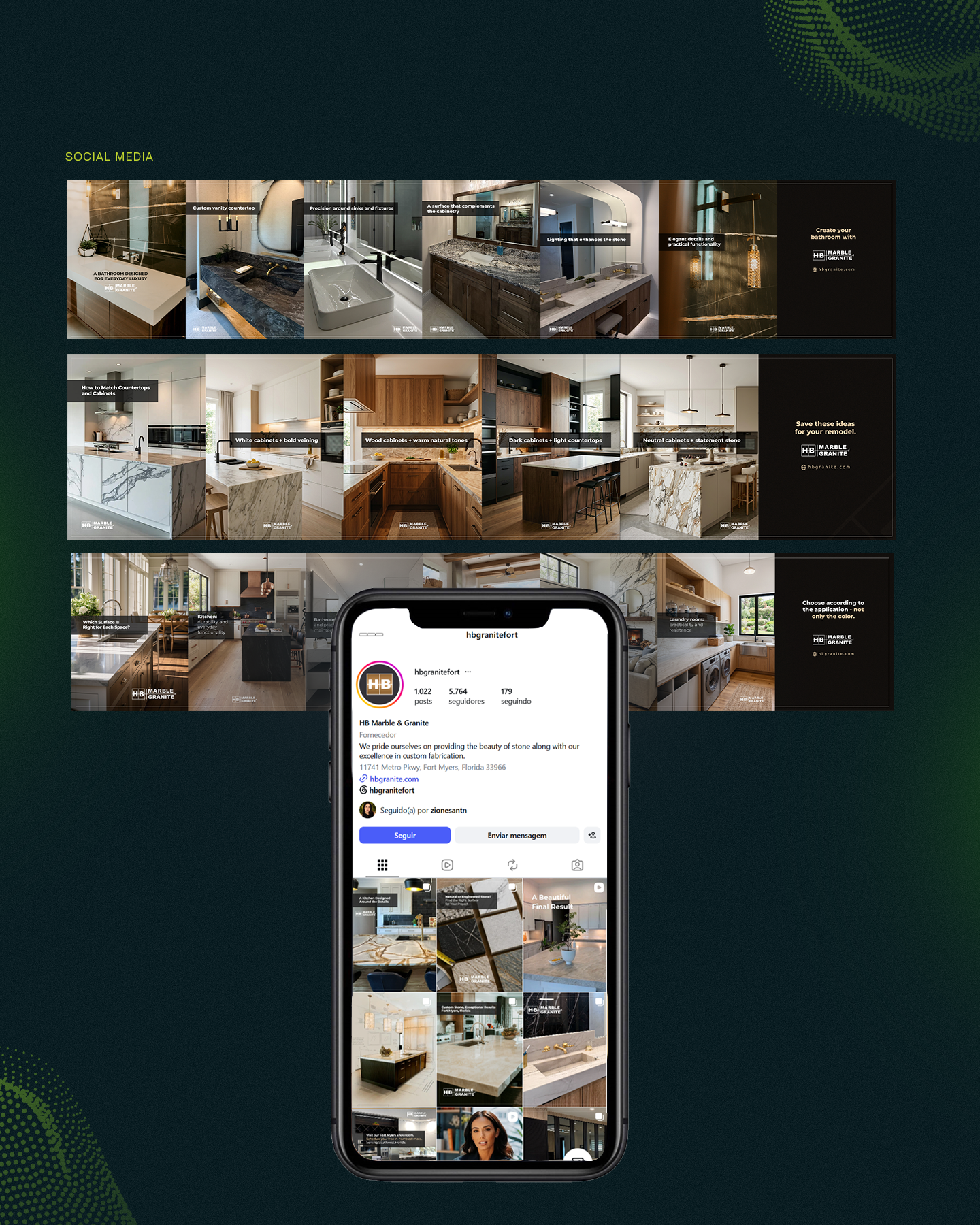 HB social graphic design grid and Instagram profile presentation with countertop and kitchen imagery