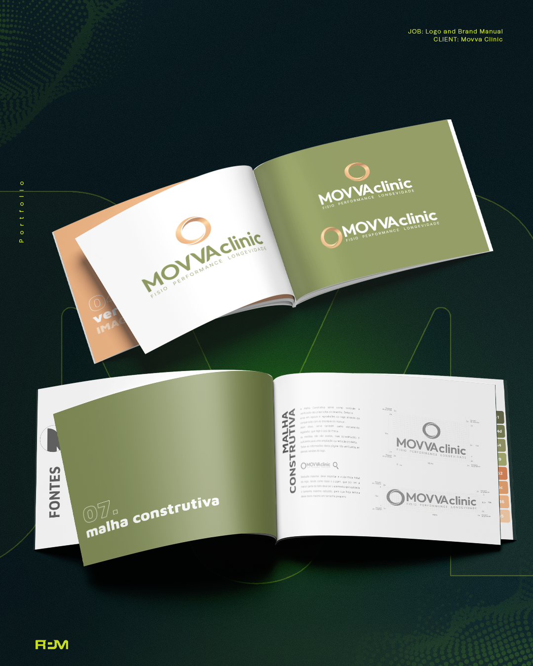 Movva Clinic brand-manual spreads with logo configurations and construction details