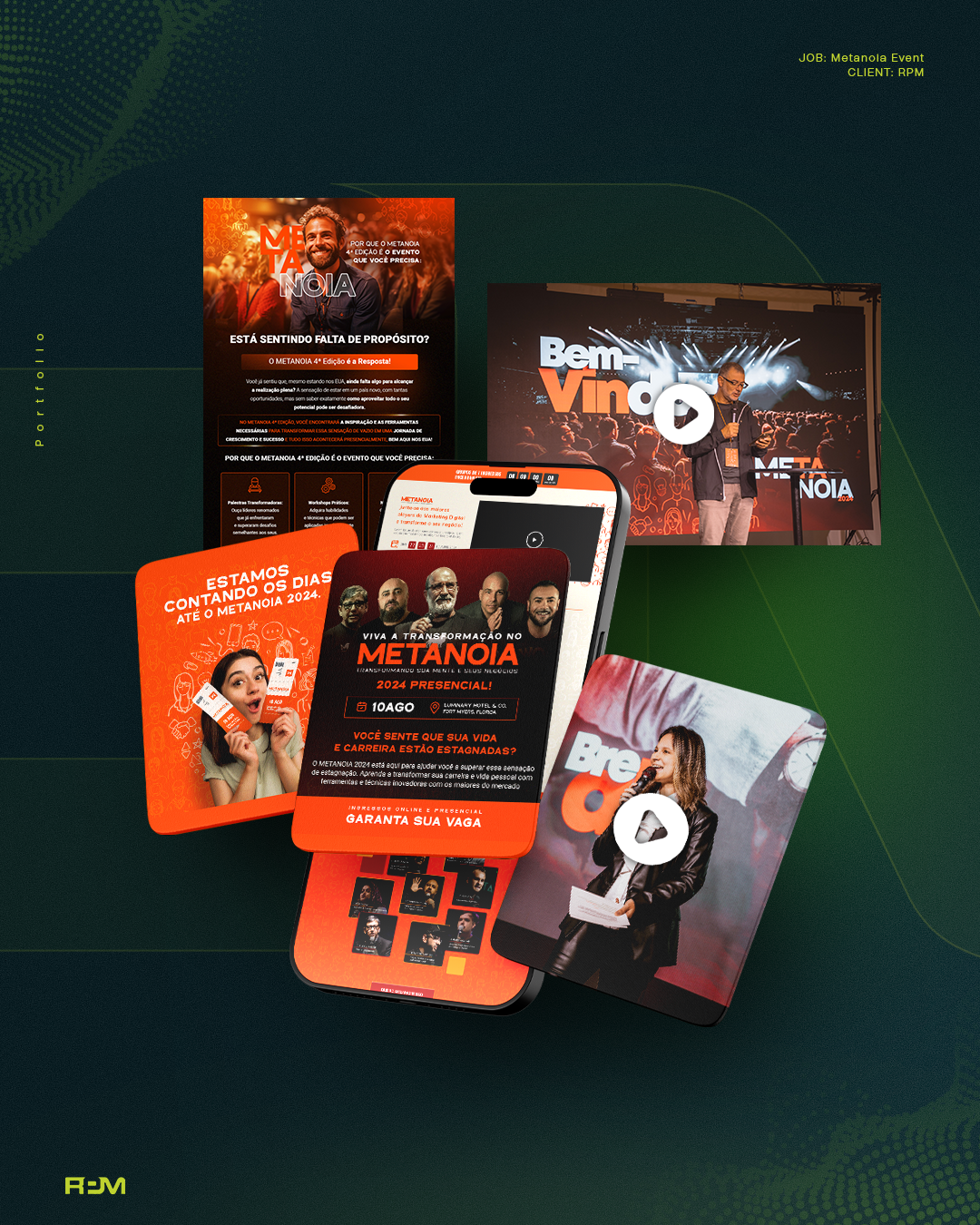 METANOIA event marketing board with selected social creative and video thumbnails