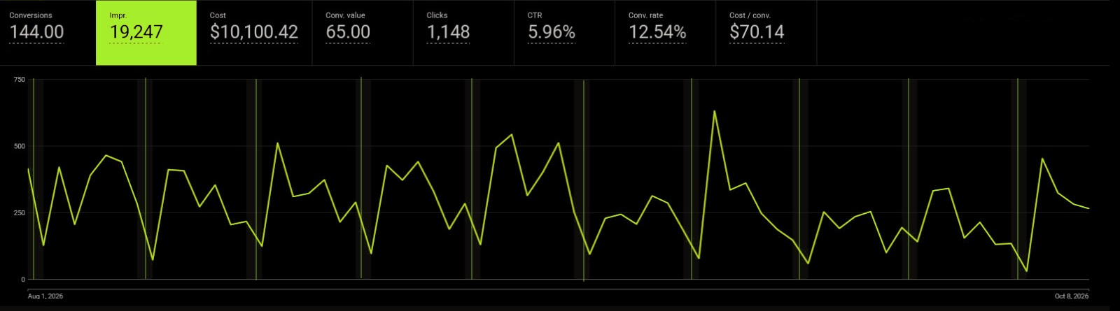 Google Ads performance snapshot from August 1 to October 8, 2026 showing 144 recorded conversions, 19,247 impressions, $10,100.42 cost, 1,148 clicks, 5.96% CTR, 12.54% conversion rate and $70.14 cost per conversion, with a daily impressions chart