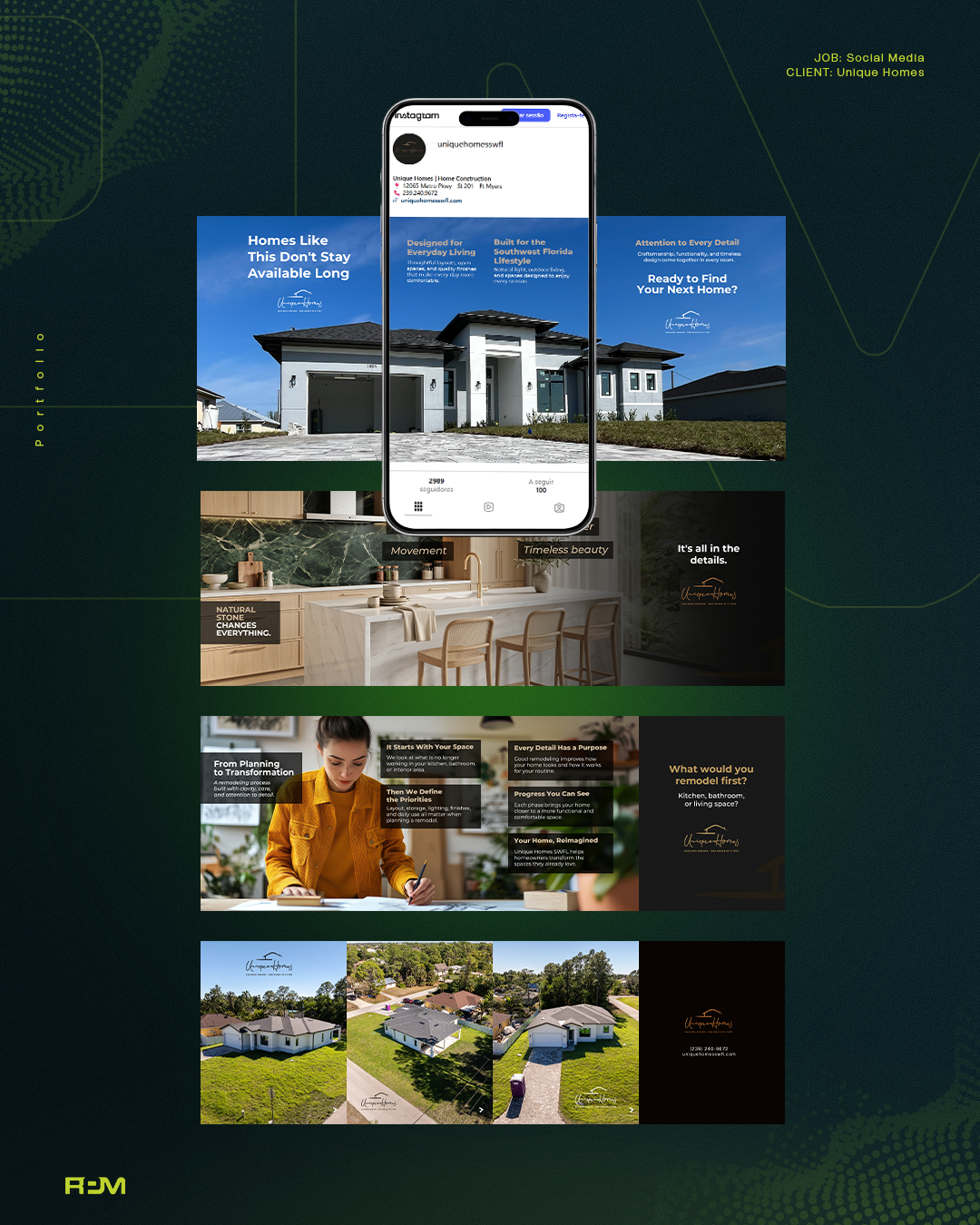 Unique Homes social media posts featuring new homes and interiors on an Instagram mockup