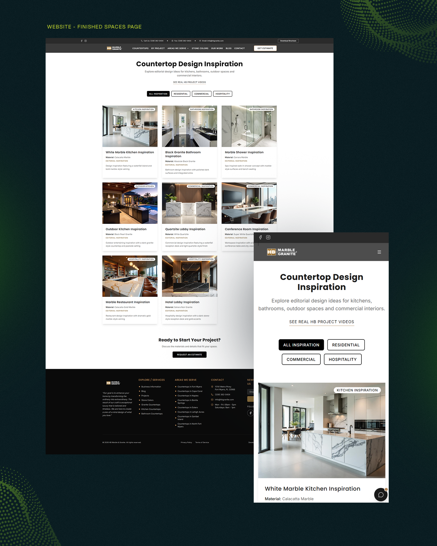HB Countertop Design Inspiration and Finished Spaces website presentation on desktop and mobile