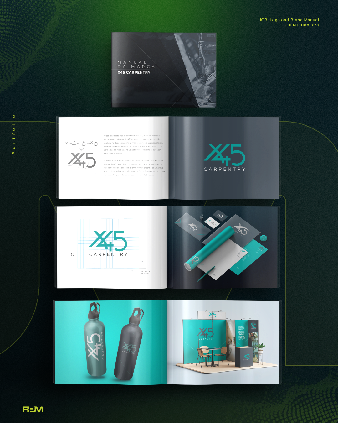 X45 Carpentry manual with logo construction and conceptual stationery and bottle applications